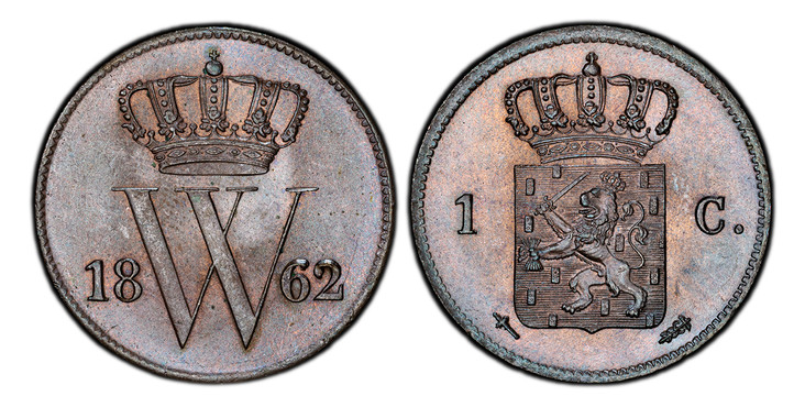 1083679 NETHERLANDS. William III. 1862 CU Cent. PCGS MS66BN (Brown).  Crowned W divides date / Crowned arms divides value. KM 100. Sword.

Please use this link to verify the PCGS certification number <a href="http://www.pcgs.com/cert/61220238/">61...