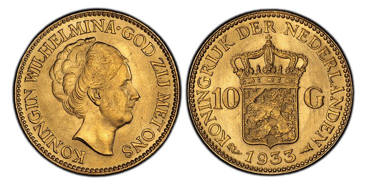 1083693 NETHERLANDS. Wilhelmina I. (Queen, 1890-1948). 1933 AV 10 Gulden. PCGS MS66.  Edge: Reeded. Head right / Crowned arms divide value. KM 162.

Please use this link to verify the PCGS certification number <a href="http://www.pcgs.com/cert/612...