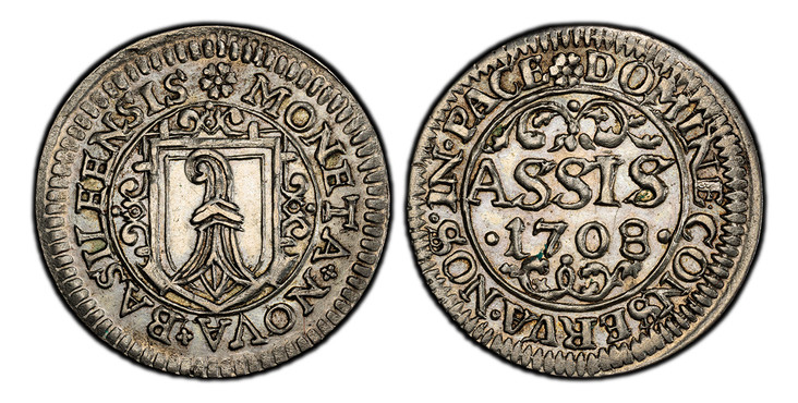 1083462 SWISS CANTONS. Basel. Johann Conrad II. 1708 Billon Assis. PCGS Genuine - UNC Details Cleaned.  MONETA·NOVA·BASILEENSIS. Shield of arms of Basel within inner circle; legend around / DOMINE·CONSERVA·NOS·IN·PACE// ASSIS/ *(date)*. Denominati...