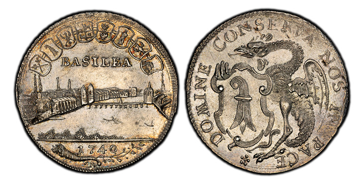 1083443 SWISS CANTONS. Basel. 1740 AR 1/4 Thaler. PCGS MS63.  6.46gm. City view and date below assorted shields / DOMINE CONSERVA NOS IN PACE. Winged dragon with large arms of Basel at lower left. KM 143; Divo/Tobler 768; HMZ 2-102c; Winterstein 1...