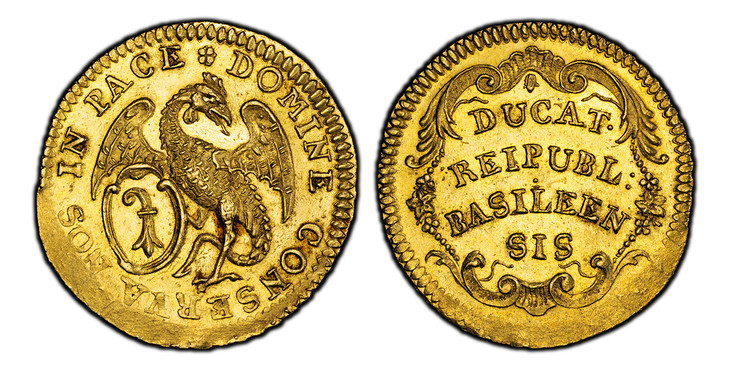 1083423 SWISS CANTONS. Basel. (1750-80) AV Ducat. PCGS MS62.  3.45gm. DOMINE CONSERVA NOS IN PACE *. Basilisk right holding shield with arms / DUCAT•/ REIPUBL:/ BASILEEN/ SIS. Legend in curved line in cartouche. KM 103; Fr.-48a; D.T. 723; HMZ 2-94...