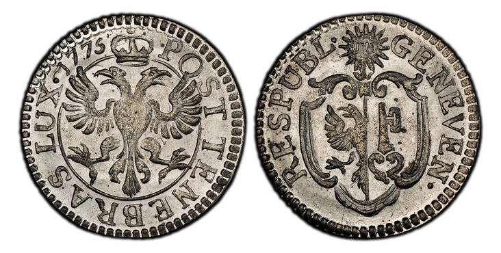 1083459 SWISS CANTONS. Geneva. 1775 AR 9 Deniers, 3 Quarts. PCGS MS65+.  0.91gm. Sun above arms / Crowned double-headed eagle within circle. KM 78a; D.T. 1021c; HMZ 2-350g.

Please use this link to verify the PCGS certification number <a href="htt...