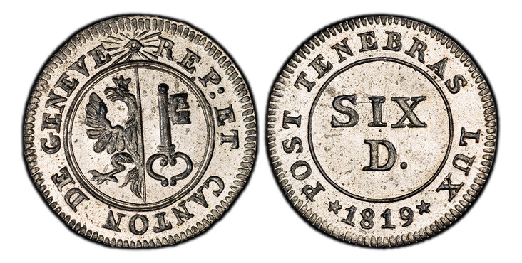 1083460 SWISS CANTONS. Geneva. 1819 AR 6 Deniers. PCGS MS66.  Arms within beaded circle / Value within beaded circle. KM 118a.

Presentation strike.

Please use this link to verify the PCGS certification number <a href="http://www.pcgs.com/cert/61...