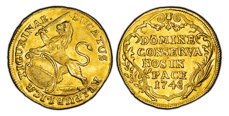 1083453 SWISS CANTONS. Zurich. 1748/45 AV Ducat. PCGS MS61.  3.46gm. REIPUBLICÆ TIGURINAE · DUCATUS. Oval arms of Zurich supported by rampant lion at right / DOMINE / CONSERVA / NOS IN / PACE. Inscription, date within ornamented wreath. KM 140; Fr...