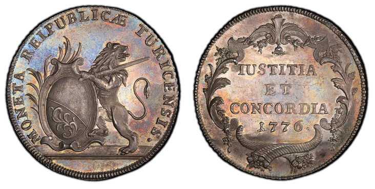 1084385 SWISS CANTONS. Zurich. 1776 AR Thaler. PCGS MS65.  MONETA REIPUBLICÆ TURICENSIS ·. Oval arms of Zurich with palm branch at left, supported by rampant lion at right / IUSTITIA/ET/CONCORDIA, date above crossed cornucopias within ornate carto...