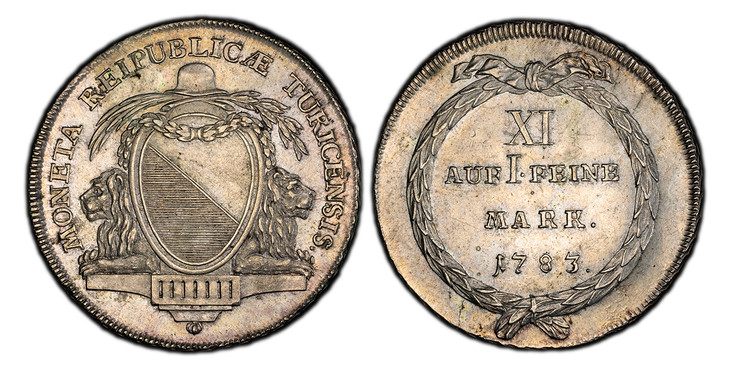 1083457 SWISS CANTONS. Zurich. 1783 AR Thaler. PCGS MS61.  25.30gm. MONETA REIPUBLICÆ TURICENSIS. Laurel, palm sprigs, hat and garland above oval arms of Zurich, flanked by lion heads on thick mantle / XI/AVFIFEINE/MARK, date within rope wreath. K...