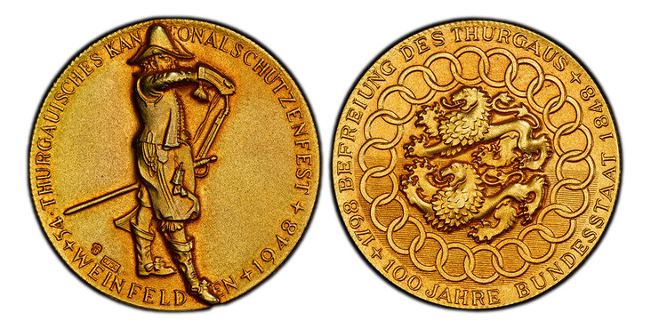 1083438 SWITZERLAND. Thurgau Canton, Weinfelden. 1948 AV Shooting Medal. PCGS SP65 Matte.  By Huguenin. 13.03gm. 54 • THURGAUISCHES KANTONAL SCHUTZENFEST + WEINFELDEN + 1948 +. Thurgau lions surrounded by a ring chain / 1798 BEFREIUNG DES THURGAUS...