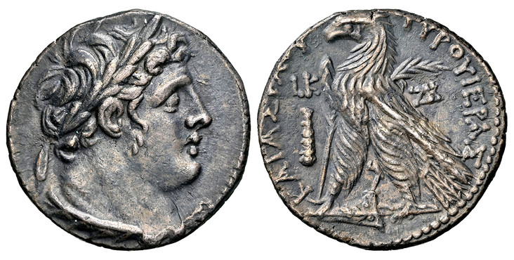 1084043 GREEK. PHOENICIA. Tyre. Melkart. Struck 126/5 BC - circa 65/6 AD. AR Half-Shekel. NGC Ch. XF (Choice Extremely Fine) Strike 4/5 Surface 3/5.  6.92gm. Laureate head of Melkart right, wearing lion skin around neck / Eagle standing left on pr...