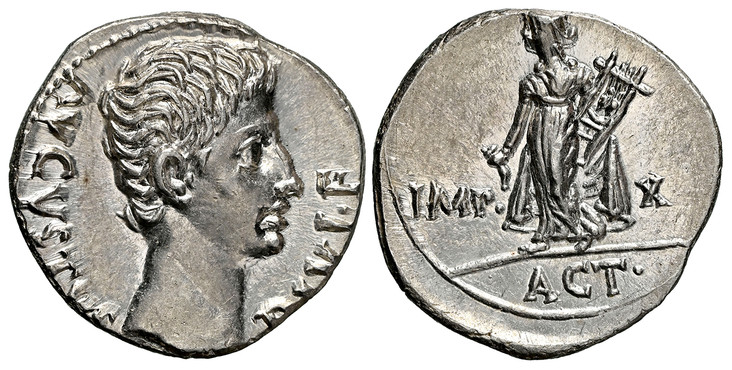 1083932 ROMAN IMPERIAL.  Augustus. (Emperor, 27 BC-14 AD). Struck 27 BC - 14 AD. AR Denarius. NGC MS (Mint State) Strike 4/5 Surface 4/5.  Lugdunum. 3.85gm. AVGVSTVS DIVI F. Head of Augustus, bare, right / IMP X ACT. Apollo standing left, holding ...