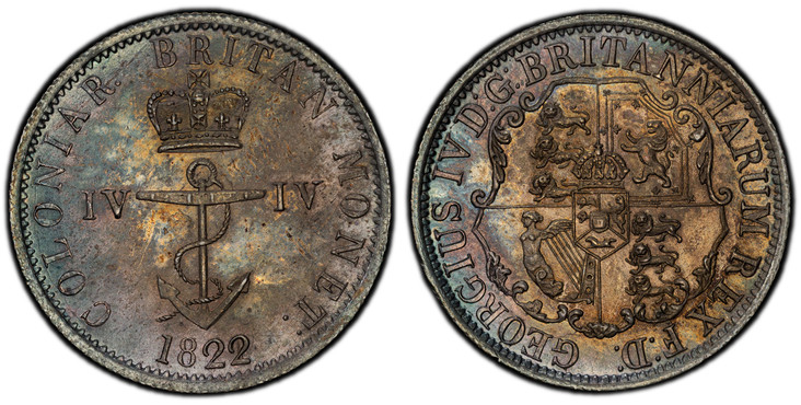 1085185 BRITISH WEST INDIES. 1822/1 AR 1/4 Dollar. PCGS MS64.  Crowned anchor / Arms on ornate shield. KM 3; Pridmore 10.

Anchor Coinage.

Please use this link to verify the PCGS certification number <a href="http://www.pcgs.com/cert/52654812/">5...