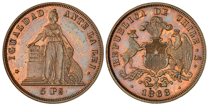 1085465 CHILE. 1868 CU Pattern 5 Pesos. NGC PR64BN (Brown).  Possibly struck at the Philadelphia mint. Standing liberty holding the Constitusion on a pedestal; holding fasces and cornucopia to right / Plumed shield of arms between supporters; date...