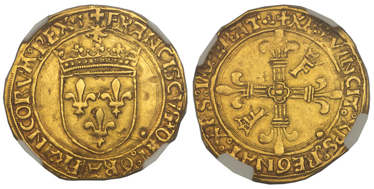 1085200 FRANCE. Francois I. (King, 1515-47). (1515-47)-(clover) AV Ecu d'Or. NGC AU58.  Lyon. 3.35gm. Crowned arms of France / Cross fleurée with "F" and Fleur-de-lis in angles. Fr.-342.

Please use this link to verify the NGC certification number...