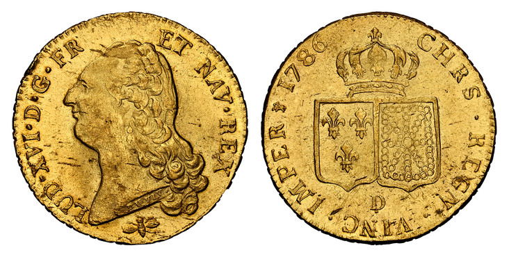 1079529 FRANCE. Louis XVI. 1786-D (Bee) AV 2 Louis d'Or. NGC MS63.  Lyon. LUD · XVI · D · G · FR · ET NAV · REX ·. Head left / CHRS · REGN · VINC · IMP ... Crowned arms of France and Navarre in shields. KM 592.1; Friedberg 474; Gadoury-363; Duples...