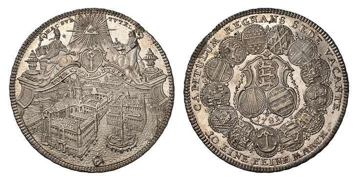 1084165 GERMAN STATES. Eichstatt. 1781 KR/OE AR Thaler. NGC MS64.  CAPITULUM REGNANS SEDE VACANTE., 10 EINE FEINE MARCK. below. 13 oval arms form circle with 3 shields of arms and date within ornate frame at center / HAC SUB TUTELA. City view. KM ...