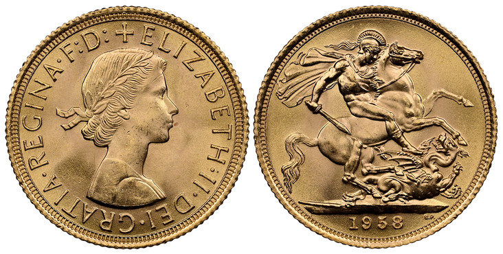 1084352 GREAT BRITAIN. Elizabeth II. (Queen, 1952-2022). 1958 AV Sovereign. NGC MS65.  Laureate bust right / St. George slaying the dragon. KM 908; SCBC-4125; Marsh 298.

Please use this link to verify the NGC certification number <a href="https:/...