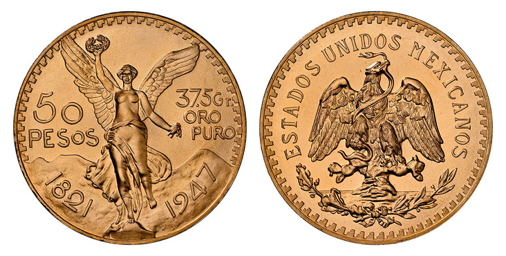 1084009 MEXICO. 1947 AV Restrike 50 Pesos (New Dies). NGC MS70.  Mexico City. Edge: INDEPENDENCIA Y LIBERTAD. ESTADOS UNIDOS MEXICANOS. National arms, eagle right / Winged Victory. KM 481; Fr.-172.

Commemorative issue for the 100th Anniversary of...
