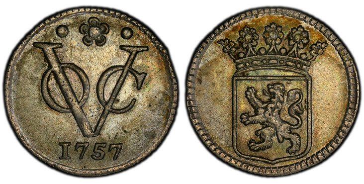 1081086 NETHERLANDS EAST INDIES. 1757 AR 1/2 Duit. PCGS Genuine - AU Details Tooled.  Crowned Utrecht arms with flat shield top / VOC monogram, date below. KM 112.1a; CNO 12.3.

Special presentation strikes produced by the mintmaster on demand.

P...