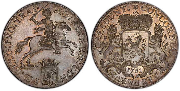 1085192 NETHERLANDS. Utrecht. 1761 AR Ducaton, 60 Stuiver - Silver Rider. PCGS MS62.  Edge: Cabled. MO : NO : ARG : CON FOE : BELG : PRO : TRAI ·. Armored knight on horse above crowned shield / CONCORDIA RES PARVÆ CRESCUNT ·. Crowned arms of Utrec...