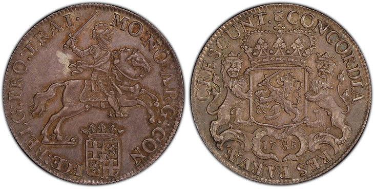 1085193 NETHERLANDS. Utrecht. 1785 AR Ducaton, 60 Stuiver - Silver Rider. PCGS MS63.  Edge: Cabled. MO : NO : ARG : CON FOE : BELG : PRO : TRAI ·. Armored knight on horse above crowned shield / CONCORDIA RES PARVÆ CRESCUNT ·. Crowned arms of Utrec...
