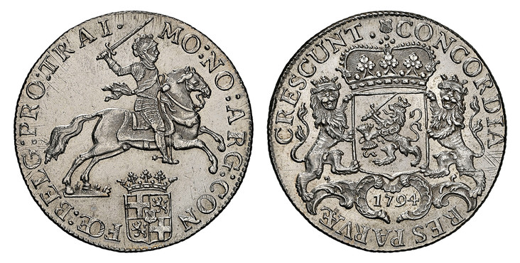 1083939 NETHERLANDS. Utrecht. 1794 AR Ducaton, 60 Stuiver - Silver Rider. NGC MS63.  Edge: Cabled. MO : NO : ARG : CON FOE : BELG : PRO : TRAI ·. Armored knight on horse above crowned shield / CONCORDIA RES PARVÆ CRESCUNT ·. Crowned arms of Utrech...