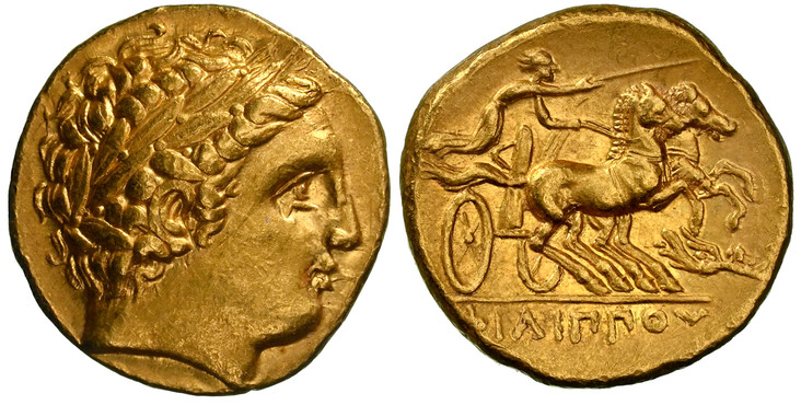 1080463 GREEK. KINGDOM OF MACEDON. Philip II. (King, 359-336 BC). Lifetime to early posthumous issue, struck 340-328 BC. AV Stater. NGC Ch. AU (Choice About Uncirculated) Strike 5/5 Surface 4/5.  Pella. 17mm. 8.62gm. Laureate head of Apollo right ...