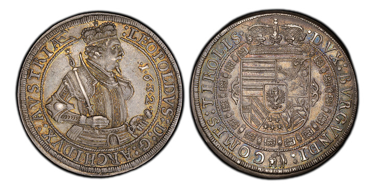 1082400 AUSTRIA. Leopold. 1632 AR Thaler. PCGS MS64.  Hall. LEOPOLDVS · D: G: ARCHIDVX · AVSTRIÆ. Crowned 1/2-length figure right with scepter and sword / DVX · BVRGVND: — COMES · TIROLIS. Crowned arms within Order chain. KM 629.2; Voglhuber 183/4...
