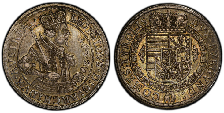 1084686 AUSTRIA. Leopold. 1632 AR Thaler. PCGS AU55.  Hall. LEOPOLDVS · D: G: ARCHIDVX · AVSTRIÆ. Crowned 1/2-length figure right with scepter and sword / DVX · BVRGVND: — COMES · TYROLIS. Crowned arms within Order chain. KM 629.1; Dav.-3338.

Var...