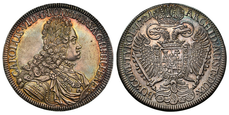 1084406 AUSTRIA. Karl (Charles) VI. 1721 AR Thaler. NGC MS62.  Hall. 42mm. CAROLUS · VI · D: G: ROM: IMP: S: A: G: HI: HU: B: REX ·. Legend begins at lower left / ARCHID: AUST: DUX · BU: COM: TYROL:. Legend divided by large crowned imperial eagle....