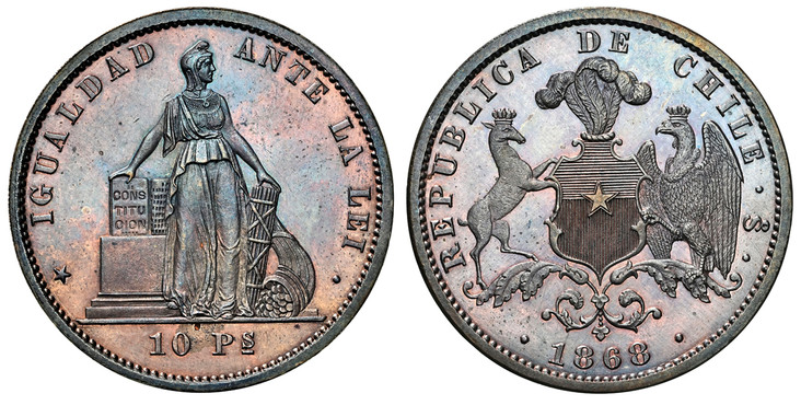 1085556 CHILE. 1868 CU Pattern 10 Pesos. NGC PR63BN (Brown).  Santiago mint noted but possibly struck at the Philadelphia Mint. Standing allegorical figure of Liberty as Pallas Athene at an altar / Plumed shield of arms with supporters to either s...