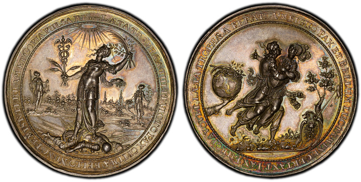 1083776 DANZIG. (1644) AR Medal. PCGS SP63.  By S. Dadler. 60.80mm. 66.81gm. Bellona the allegorical figure of War struggles with Pax, fighting for peace on earth. At left, a globe with Mercury's caduceus, palm and olive branches, offered to the c...
