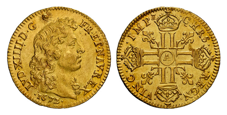 1081136 FRANCE. Louis XIV. (King, 1643-1715). 1672-A AV Louis d'Or. NGC MS63.  Paris. LVD. XIIII. D. G (sun) - FR. ET. NAV. REX. New juvenile head of Louis XIV / .CHRS. - .REGN. - .VINC.- .IMP. Crowned LL's form a cross; a fleur-de-lis in each ang...