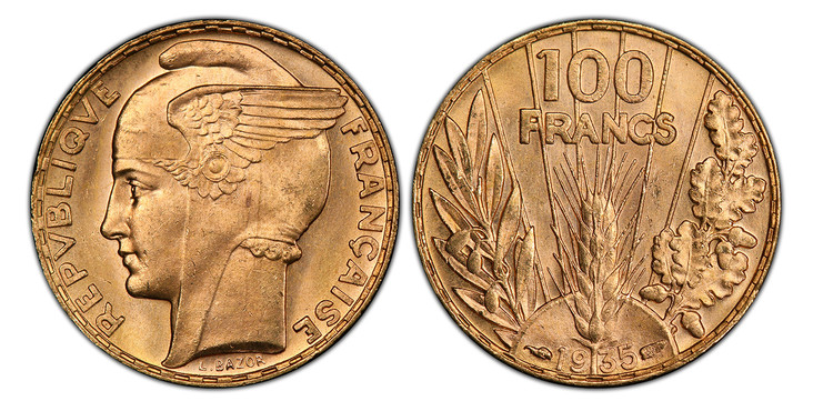 1067859 FRANCE. Third Republic. (1870-1940). 1935 (Cornucopia) (Wing) AV 100 Francs. PCGS MS64+.  By L. Bazor. Paris. Winged head left, signed below truncation / Denomination above grain sprig, date below, laurel and oak branches flank. KM 880; Fr...