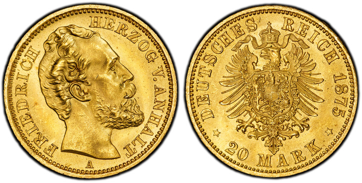 1083773 GERMAN STATES. Anhalt-Dessau. Friedrich I. 1875-A AV 20 Mark. PCGS MS66.  Berlin. Edge: GOTT MIT UNS. FRIEDRICH HERZOG V.ANHALT. Large head right / DEUTSCHES REICH date 20 MARK. Crowned imperial German eagle. KM 21; Jaeger 179.

Please use...