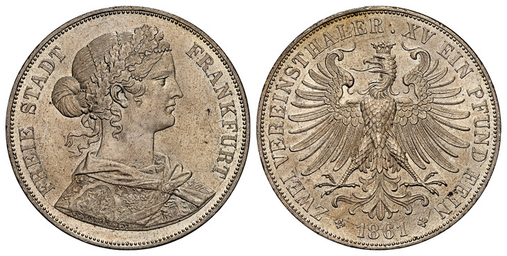 1082533 GERMAN STATES. Frankfurt Am Main. 1861 AR 2 Thaler, 3-1/2 Gulden. NGC MS64.  Edge: STARK ~*~ IM  ~*~ RECHT  ~*~. FREIE STADT FRANKFURT. Laureate bust right / ZWEI VEREINSTHALER. XV EIN PFUND FEIN. Crowned eagle with wings open. KM 365; Dav...
