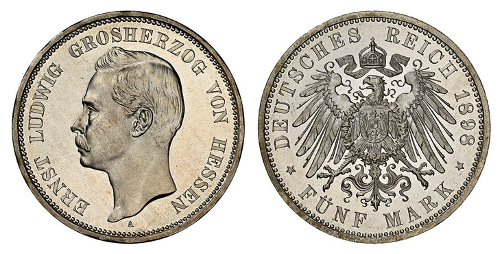 1085122 GERMAN STATES. Hesse-Darmstadt. Ernst Ludwig. 1898-A AR 5 Mark. NGC PR65 Cameo.  Berlin. ERNST LUDWIG GROSHERZOG VON HESSEN. Head left / DEUTSCHES REICH (date), FUNF MARK below. Crowned imperial eagle. KM 369. Proof; Jaeger 73.

From a min...