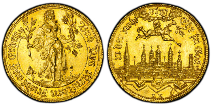 1083749 GERMAN STATES. Münster. (1648) ND AV Medallic 3 Ducats. PCGS MS61.  By E. Ketteler. 34mm. 10.43gm. Angel with trumpet and olive branch floating above a cityview of Münster; Jehovah written in Hebrew letters in clouds above. Signed EK in ex...