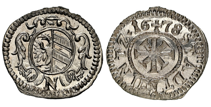 1084449 GERMAN STATES. Nürnberg. 1678 (f) AR Kreuzer, 4 Pfennig. NGC MS68.  Double cross, mint mark (++) divides date at top / Oval Nurnberg arms in baroque frame. KM 194.

Please use this link to verify the NGC certification number <a href="https...