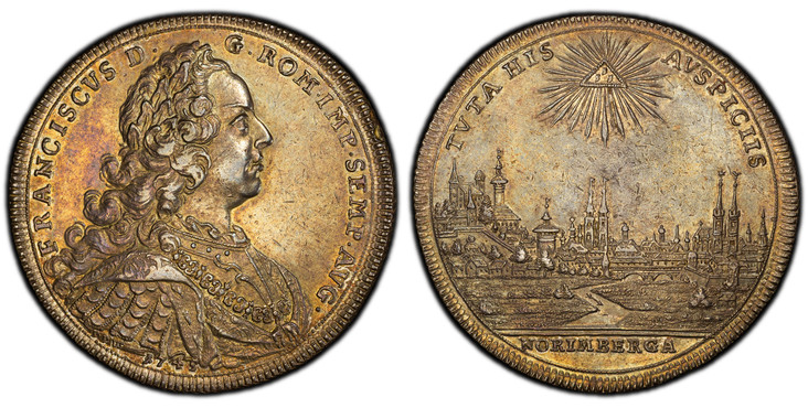 1084692 GERMAN STATES. Nürnberg. 1745 PPW AR Thaler. PCGS AU55.  TVTA HIS - AVSPICIIS, below; NORIMBERGA. City view / FRANCIVCVS D ·- G · ROM · IMP · SEMP · Avg ·. Armored, laureate bust of Franz right. KM 307; Dav.-2483.

Please use this link to ...
