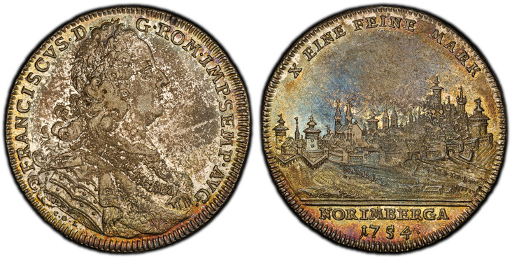 1084693 GERMAN STATES. Nürnberg. 1754 PPW-CGL AR Thaler. PCGS AU53.  FRANCISCVS · D · - G · ROM · IMP · SEMP · AVG ·. Armored, laureate bust of Franz right / X EINE FEINE MARK. NORIMBERGA / 1754. City view. KM 316; Dav.-2484.

Please use this link...