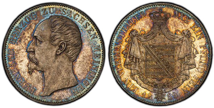 1084700 GERMAN STATES. Saxe-Meiningen. Bernhard II. 1859 AR Thaler. PCGS MS64.  Edge: FIDELITER + ET + CONSTANTER +. BERNHARD HERZOG ZU SACHSEN MEININGEN. HELFRICHT on truncation / EIN VEREINSTHALER XXX EIN PFUND FEIN. Arms within crowned mantle. ...