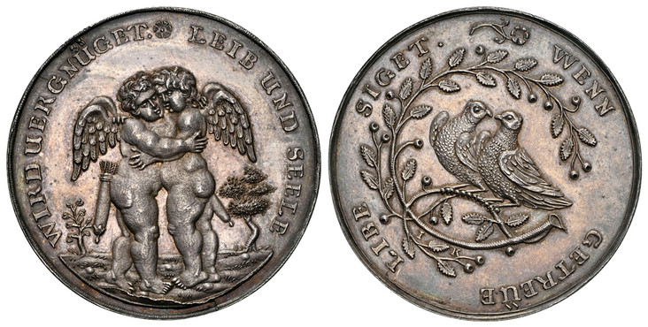 1083211 GERMAN STATES. Silesia (Breslau). (18th Century) ND AR Medal. NGC MS63.  By J. Kittel. 38.37mm. 15.39gm. LEIB UND SEELE - WIRDUERGNUGET. Two winged cherubim embracing / WENN GETREUE LIBE SIGET. A pair of doves facing each other, sitting on...