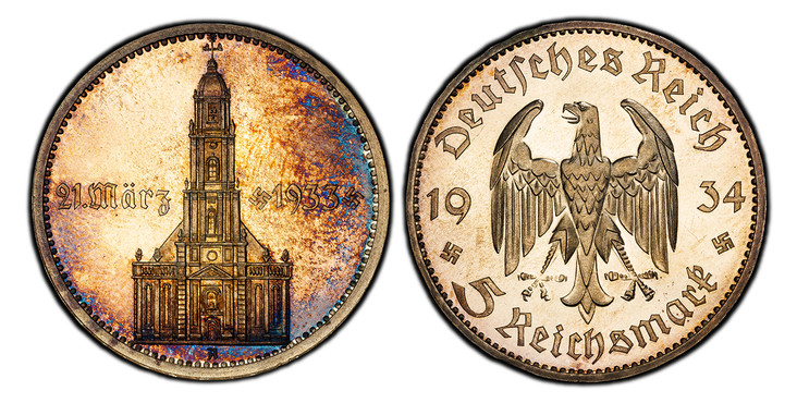 1084402 GERMANY, THIRD REICH. 1934-A AR 5 Reichsmark. PCGS PR65 Cameo.  Berlin. Edge: GEMEINNUTZ GEHT VOR EIGENNUTZ 
(Common Good Takes Priority Over Self-Interest). Eagle divides date, denomination below / Potsdam Garrison Church divides date. KM...