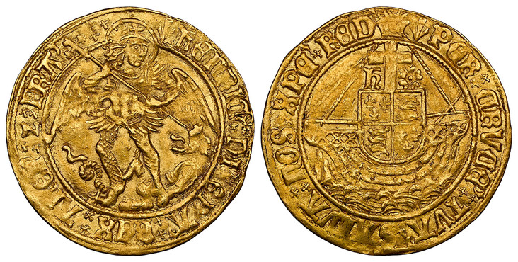 1082026 GREAT BRITAIN. England. Henry VII. (King, 1485-1603). (1505-1509) ND-(Pheon) AV Angel. NGC MS61.  London (Tower) mint. 5.07gm. St. Michael slaying the dragon, standing with both feet on dragon, right. V. Large crook-shaped abbreviation aft...
