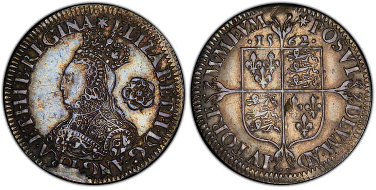 1086025 GREAT BRITAIN. England. Elizabeth I. (Queen, 1558-1603). 1562-(star) AR Milled Sixpence. PCGS AU55.  Tower (London) mint. Crowned bust left, wearing ruff; rose behind head in right field / DEVM A•DIVTORE M... Coat-of-arms over long cross f...
