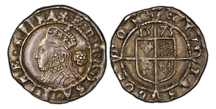 1084389 GREAT BRITAIN. England. Elizabeth. (Queen, 1558-1603). 1575-(eglantine) AR Three Halfpence. PCGS AU58.  Tower (London) mint. 0.77gm. Crowned bust, left; rose in field to right / Date above square-topped quartered shield of arms over long c...