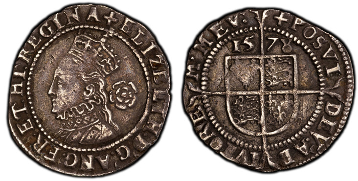 1084466 GREAT BRITAIN. England. Elizabeth I. (Queen, 1558-1603). 1578/7-(Greek Cross) AR Threepence. PCGS XF40.  London mint. Crowned bust left; rose in field behind head / Date above square-topped shield of arms over long cross fourchee. SCBC-257...