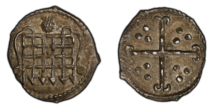 1084470 GREAT BRITAIN. England. Elizabeth I. (Queen, 1558-1603). (1603-04)-(Thistle) AR Halfpenny. PCGS AU58.  London mint. Portcullis / Cross with three pellets in each angle. SCBC-2651; North 2074.

Please use this link to verify the PCGS certif...