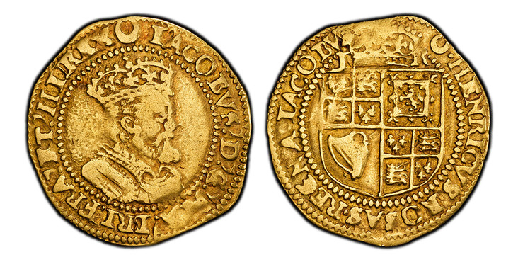 1084469 GREAT BRITAIN. England. James I. (King, 1603-25). (1617-18) ND-(Crescent) AV Crown. PCGS VF25.  London mint. 2.47gm. Crowned fifth bust with plain armor details, different ruff and thicker head, right / Crowned square-topped quartered shie...