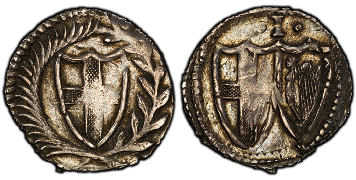 1084481 GREAT BRITAIN. England. Commonwealth. (1649-1660). (1649-60) AR Twopence, Halfgroat. PCGS AU53.  London Mint. Shield with St. George's cross within wreath / • I • (value) above two shields bearing, St. George's cross and the Irish harp. KM...