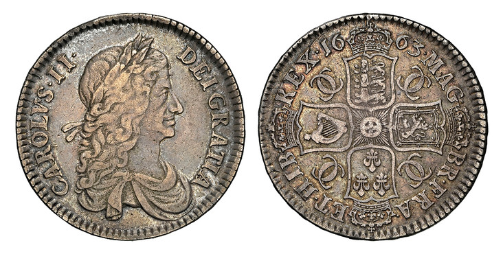 1084024 GREAT BRITAIN. England. Charles II. 1663 AR Halfcrown. NGC XF45.  Edge: Regnal year on edge in Roman numerals. First bust of Charles II right / Crowned cruciform arms with linked C's in angles. KM 419; SCBC-3361; ESC-439 (Prev. ESC-457).

...